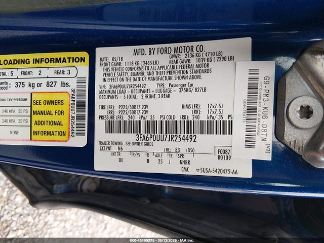 Aukcja sprzedaży 2018 Ford Fusion Hybrid S, vin: 3FA6P0UU7JR254492, numer aukcji: 45105275