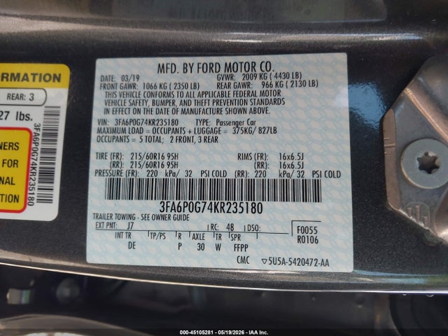Auction sale of the 2019 Ford Fusion S, vin: 3FA6P0G74KR235180, lot number: 45105281