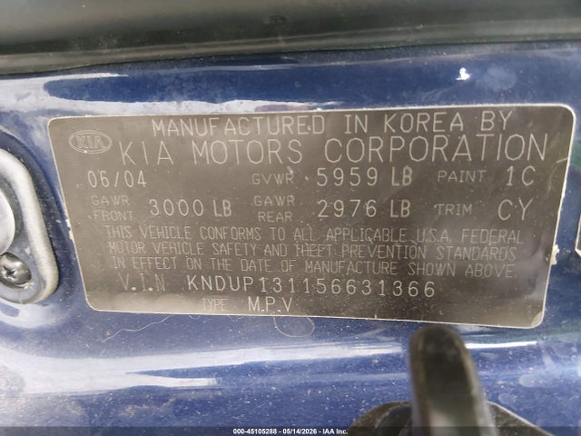 Продаж на аукціоні авто 2005 Kia Sedona Ex/lx, vin: KNDUP131156631366, номер лоту: 45105288