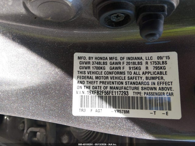 2015 Honda Civic Lx მანქანა იყიდება აუქციონზე, vin: 19XFB2F56FE117293, აუქციონის ნომერი: 45105291