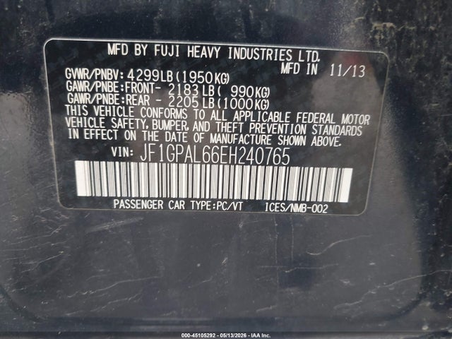 Aukcja sprzedaży 2014 Subaru Impreza 2.0i Sport Premium, vin: JF1GPAL66EH240765, numer aukcji: 45105292