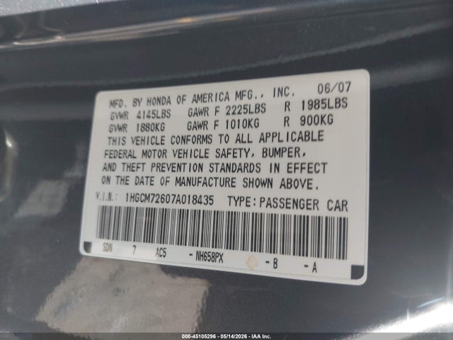 Продаж на аукціоні авто 2007 Honda Accord 2.4 Ex, vin: 1HGCM72607A018435, номер лоту: 45105296