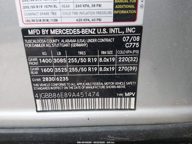 45105298 :رقم المزاد ، 4JGBB86E89A451474 vin ، 2009 Mercedes-benz Ml 350 4matic مزاد بيع