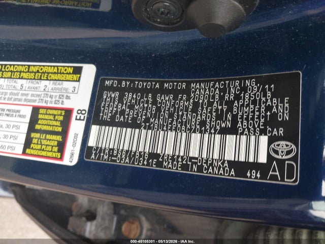 45105301 :رقم المزاد ، 2T1BU4EE0BC701347 vin ، 2011 Toyota Corolla Le مزاد بيع