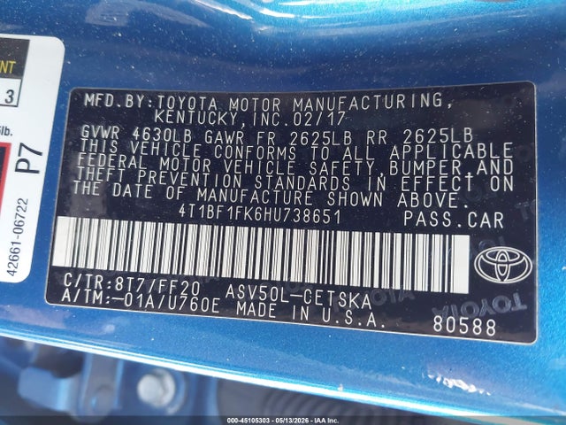 Aukcja sprzedaży 2017 Toyota Camry Se, vin: 4T1BF1FK6HU738651, numer aukcji: 45105303