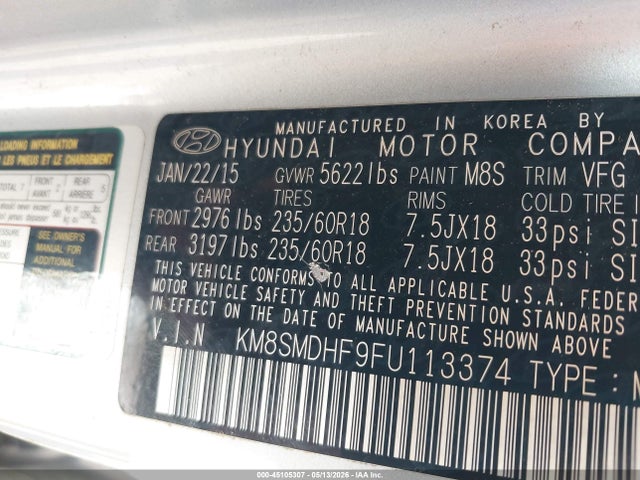 2015 Hyundai Santa Fe Gls მანქანა იყიდება აუქციონზე, vin: KM8SMDHF9FU113374, აუქციონის ნომერი: 45105307