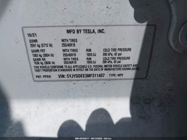 Aukcja sprzedaży 2021 Tesla Model Y Long Range Dual Motor All-wheel Drive, vin: 5YJYGDEE3MF311407, numer aukcji: 45105317