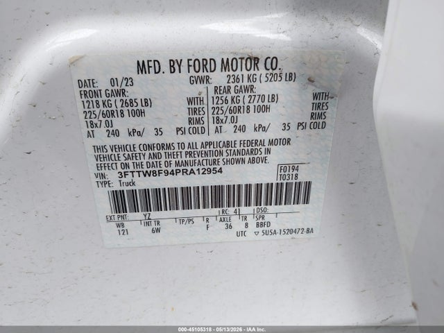 Aukcja sprzedaży 2023 Ford Maverick Lariat, vin: 3FTTW8F94PRA12954, numer aukcji: 45105318