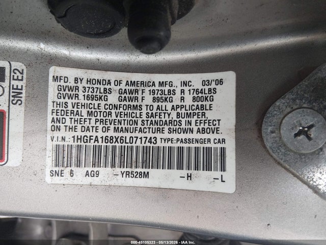 45105323 :رقم المزاد ، 1HGFA168X6L071743 vin ، 2006 Honda Civic Ex مزاد بيع