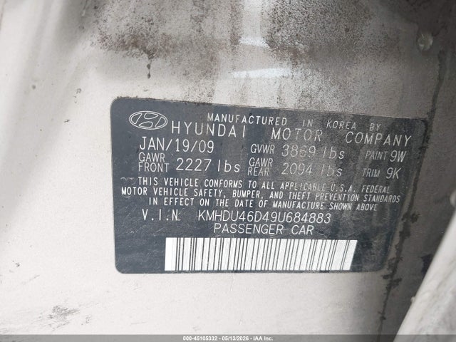 Aukcja sprzedaży 2009 Hyundai Elantra Gls, vin: KMHDU46D49U684883, numer aukcji: 45105332