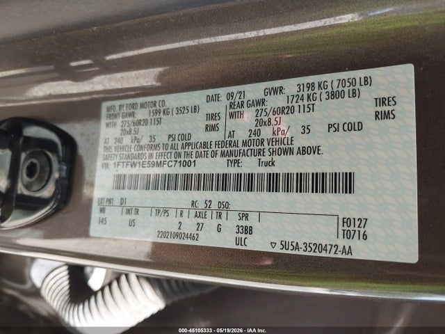 45105333 :رقم المزاد ، 1FTFW1E59MFC71001 vin ، 2021 Ford F-150 Xlt مزاد بيع