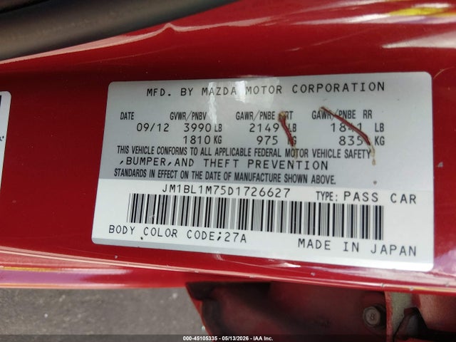 45105335 :رقم المزاد ، JM1BL1M75D1726627 vin ، 2013 Mazda Mazda3 I Grand Touring مزاد بيع