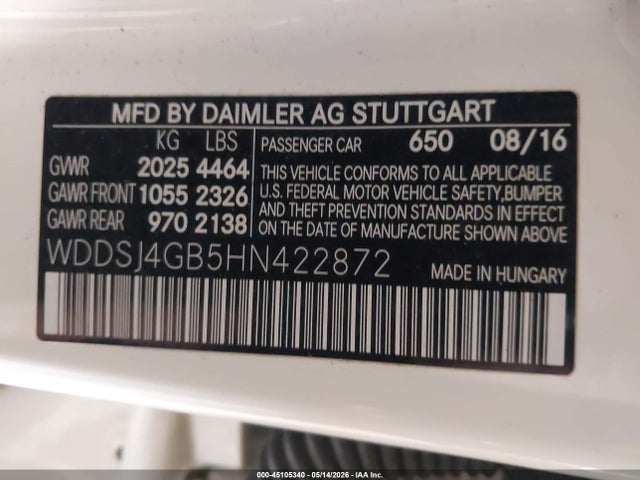 Продажа на аукционе авто 2017 Mercedes-benz Cla 250 4matic, vin: WDDSJ4GB5HN422872, номер лота: 45105340