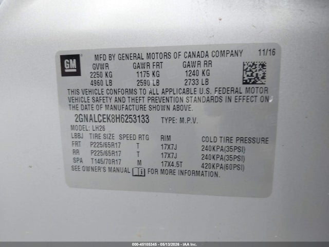 2017 Chevrolet Equinox Lt მანქანა იყიდება აუქციონზე, vin: 2GNALCEK8H6253133, აუქციონის ნომერი: 45105345