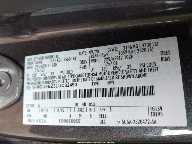 45105348 :رقم المزاد ، 1FMCU9BZ3LUC32490 vin ، 2020 Ford Escape Se Sport Hybrid مزاد بيع