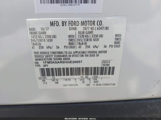 Aukcja sprzedaży 2017 Ford Utility Police Interceptor, vin: 1FM5K8AR6HGE26057, numer aukcji: 45105365