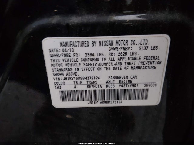Aukcja sprzedaży 2011 Infiniti M37x, vin: JN1BY1AR8BM372124, numer aukcji: 45105376