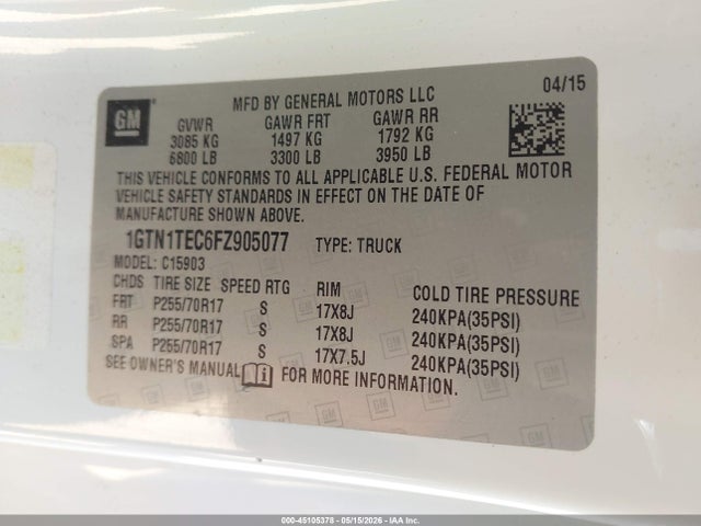 Продаж на аукціоні авто 2015 Gmc Sierra 1500, vin: 1GTN1TEC6FZ905077, номер лоту: 45105378