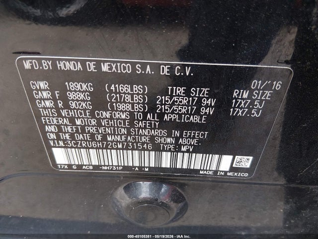 2016 Honda Hr-v Ex-l მანქანა იყიდება აუქციონზე, vin: 3CZRU6H72GM731546, აუქციონის ნომერი: 45105381
