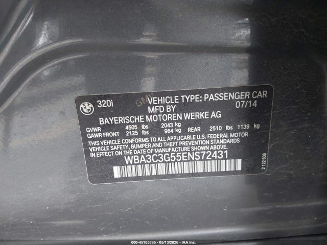 45105395 :رقم المزاد ، WBA3C3G55ENS72431 vin ، 2014 Bmw 320i Xdrive مزاد بيع