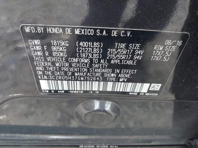 Aukcja sprzedaży 2016 Honda Hr-v Lx, vin: 3CZRU5H37GM752643, numer aukcji: 45105396