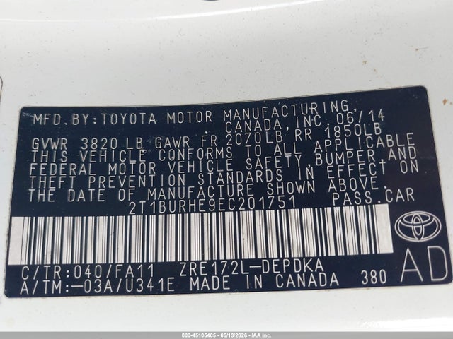 2014 Toyota Corolla L მანქანა იყიდება აუქციონზე, vin: 2T1BURHE9EC201751, აუქციონის ნომერი: 45105405