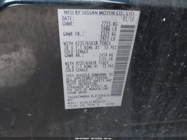 Aukcja sprzedaży 2016 Nissan Pathfinder Sl, vin: 5N1AR2MN8GC623060, numer aukcji: 45105407