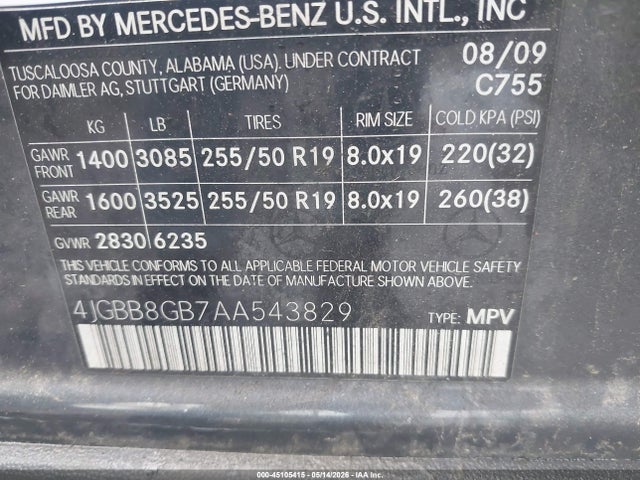 Aukcja sprzedaży 2010 Mercedes-benz Ml 350 4matic, vin: 4JGBB8GB7AA543829, numer aukcji: 45105415