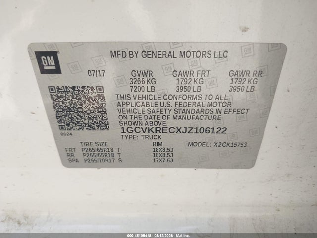 45105418 :رقم المزاد ، 1GCVKRECXJZ106122 vin ، 2018 Chevrolet Silverado 1500 1lt مزاد بيع