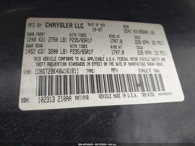 45105425 :رقم المزاد ، 1D8GT28K48W161811 vin ، 2008 Dodge Nitro Sxt مزاد بيع
