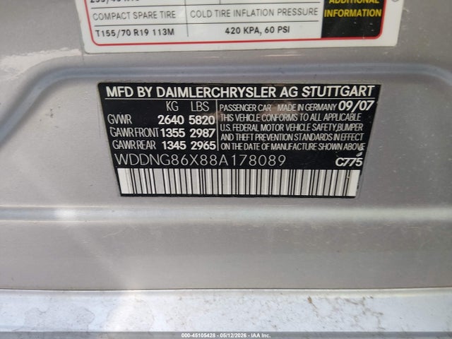 45105428 :رقم المزاد ، WDDNG86X88A178089 vin ، 2008 Mercedes-benz S 550 4matic مزاد بيع