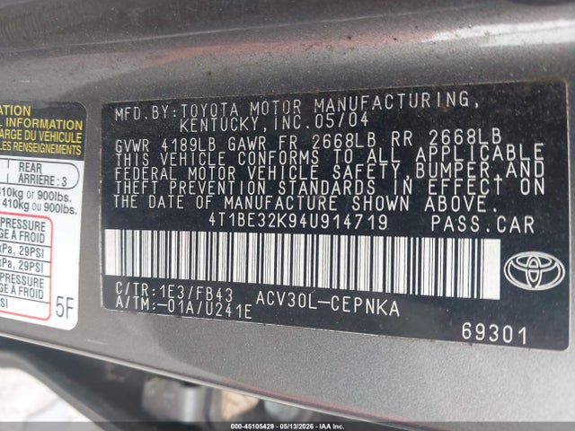 Aukcja sprzedaży 2004 Toyota Camry Le, vin: 4T1BE32K94U914719, numer aukcji: 45105429