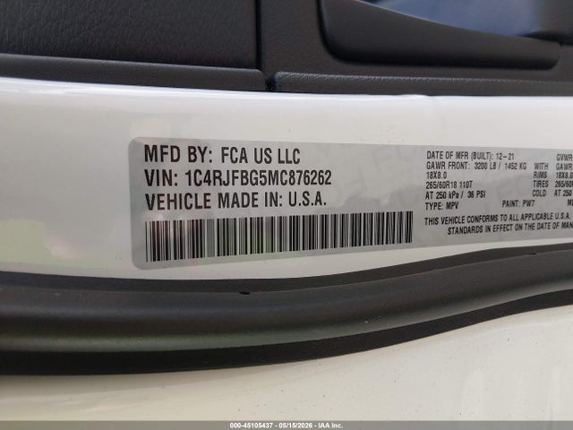 Aukcja sprzedaży 2021 Jeep Grand Cherokee Limited 4x4, vin: 1C4RJFBG5MC876262, numer aukcji: 45105437