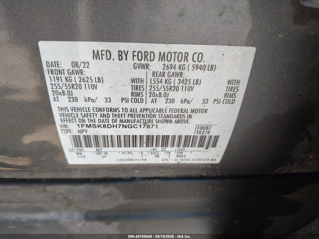 45105440 :رقم المزاد ، 1FMSK8DH7NGC17671 vin ، 2022 Ford Explorer Xlt مزاد بيع