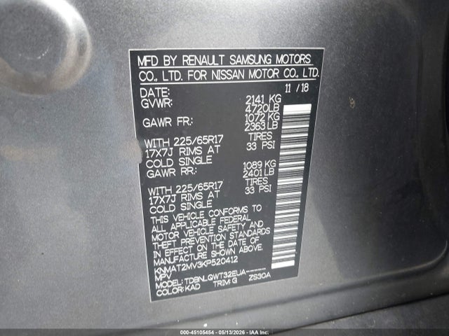 45105454 :رقم المزاد ، KNMAT2MV3KP520412 vin ، 2019 Nissan Rogue Sv مزاد بيع