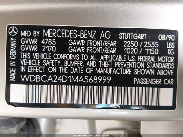45105481 :رقم المزاد ، WDBCA24D1MA568999 vin ، 1991 Mercedes-benz 300 Se مزاد بيع