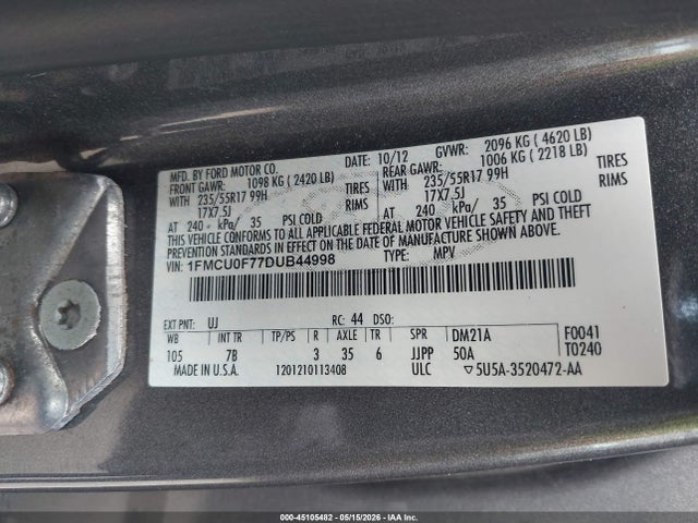 45105482 :رقم المزاد ، 1FMCU0F77DUB44998 vin ، 2013 Ford Escape S مزاد بيع