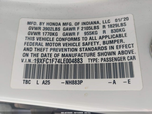 2020 Honda Civic Ex-l მანქანა იყიდება აუქციონზე, vin: 19XFC1F74LE004883, აუქციონის ნომერი: 45105485
