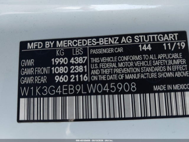 45105489 :رقم المزاد ، W1K3G4EB9LW045908 vin ، 2020 Mercedes-benz A 220 مزاد بيع