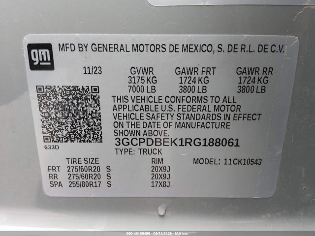 3GCPDBEK1RG188061 Chevrolet Silverado 1500 4wd Short Bed Custom