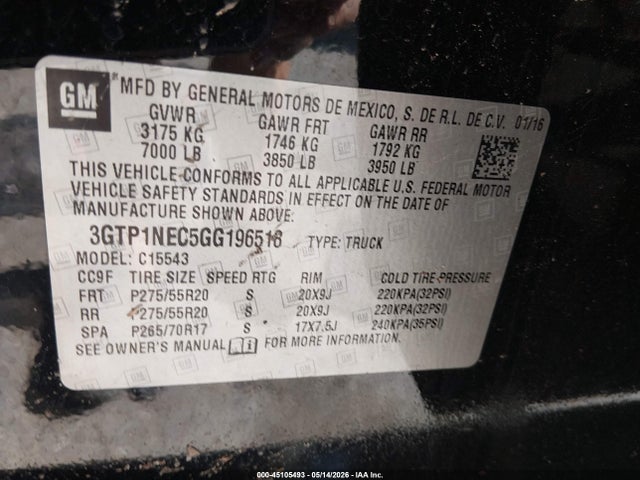 2016 Gmc Sierra 1500 Slt მანქანა იყიდება აუქციონზე, vin: 3GTP1NEC5GG196518, აუქციონის ნომერი: 45105493