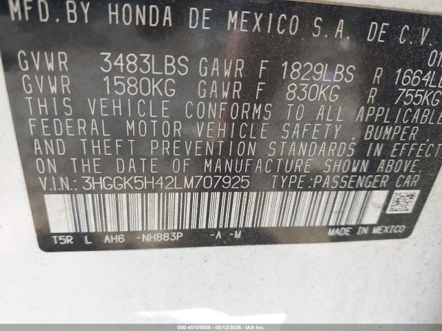 2020 Honda Fit Lx მანქანა იყიდება აუქციონზე, vin: 3HGGK5H42LM707925, აუქციონის ნომერი: 45105505