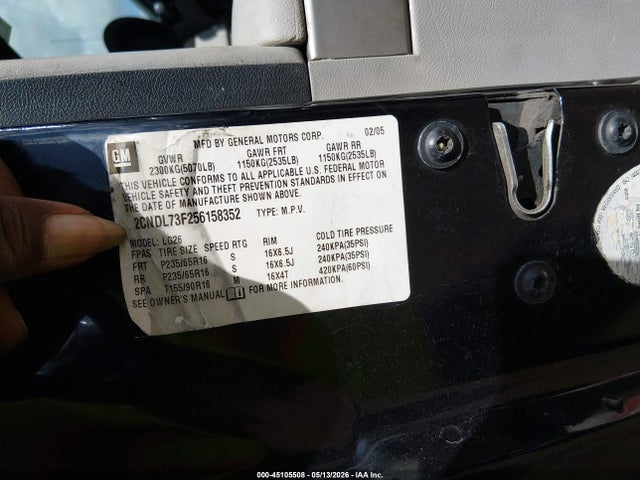 Продаж на аукціоні авто 2005 Chevrolet Equinox Lt, vin: 2CNDL73F256158352, номер лоту: 45105508