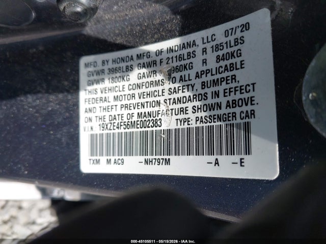 Aukcja sprzedaży 2021 Honda Insight Ex, vin: 19XZE4F56ME002383, numer aukcji: 45105511