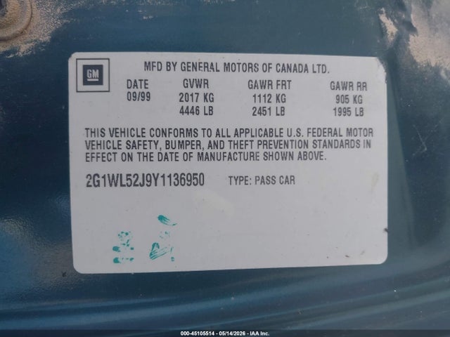 45105514 :رقم المزاد ، 2G1WL52J411185589 vin ، 2001 Chevrolet Lumina مزاد بيع