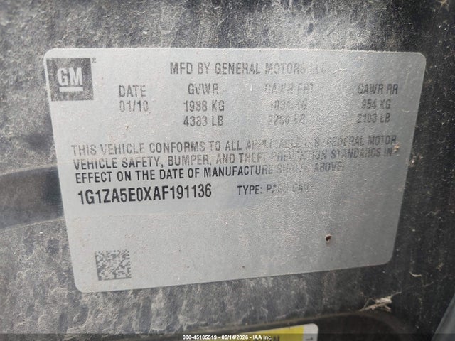 45105519 :رقم المزاد ، 1G1ZA5E0XAF191136 vin ، 2010 Chevrolet Malibu Ls مزاد بيع