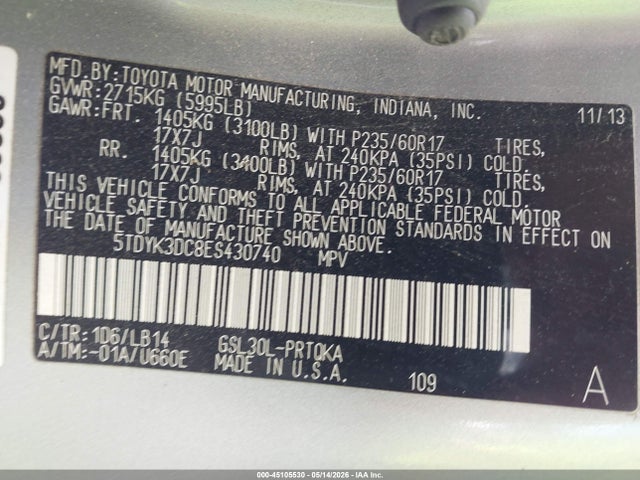 45105530 :رقم المزاد ، 5TDYK3DC8ES430740 vin ، 2014 Toyota Sienna Xle V6 8 Passenger مزاد بيع