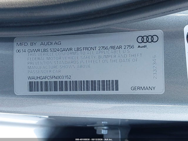 45105538 :رقم المزاد ، WAUHGAFC5FN003152 vin ، 2015 Audi A6 3.0t Premium Plus مزاد بيع