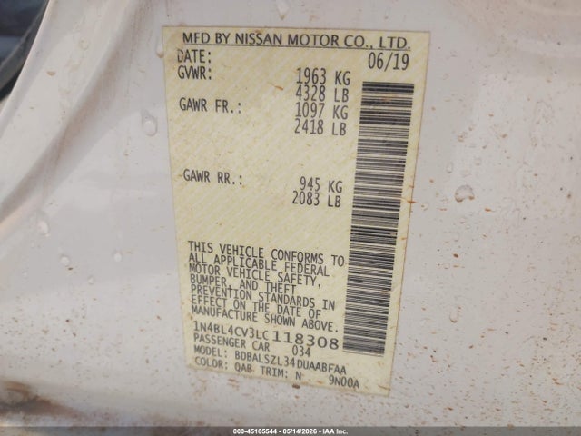 45105544 :رقم المزاد ، 1N4BL4CV3LC118308 vin ، 2020 Nissan Altima Sr Fwd مزاد بيع