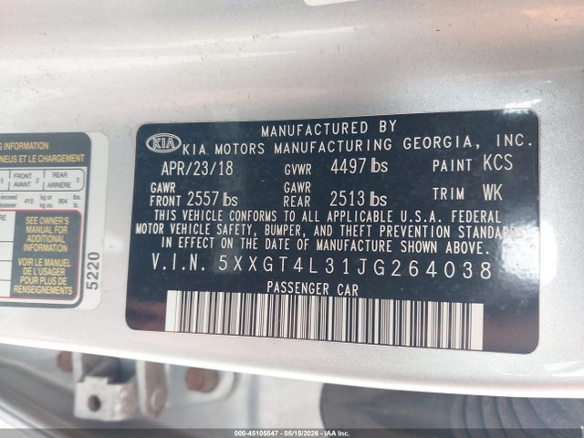 Продажа на аукционе авто 2018 Kia Optima Lx, vin: 5XXGT4L31JG264038, номер лота: 45105547
